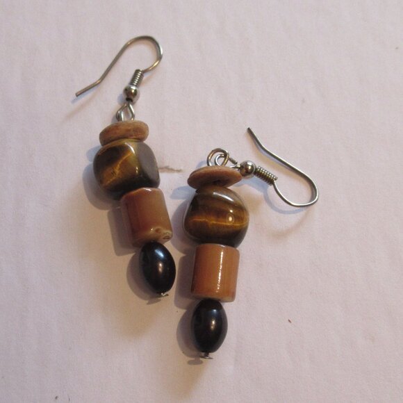 Boho Hippie, Tiger's eye & bead bracelet, earrings, set. Brown, Vintage, - Picture 4 of 8